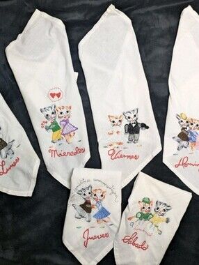 Embroidered Kitty Cat Linen Napkin Set Of 7
